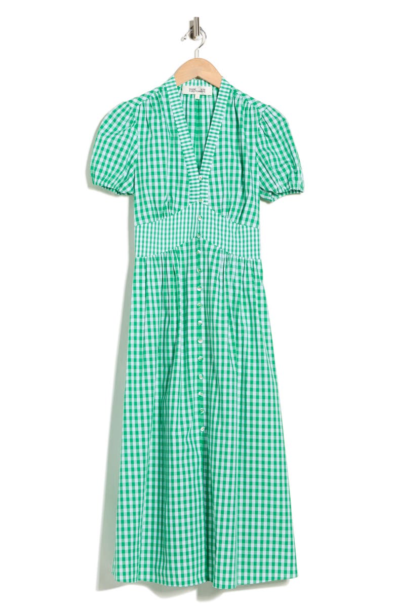 Diane von Furstenberg Erica Puff Sleeve Gingham Sundress, Main, color, Indian Green/ White