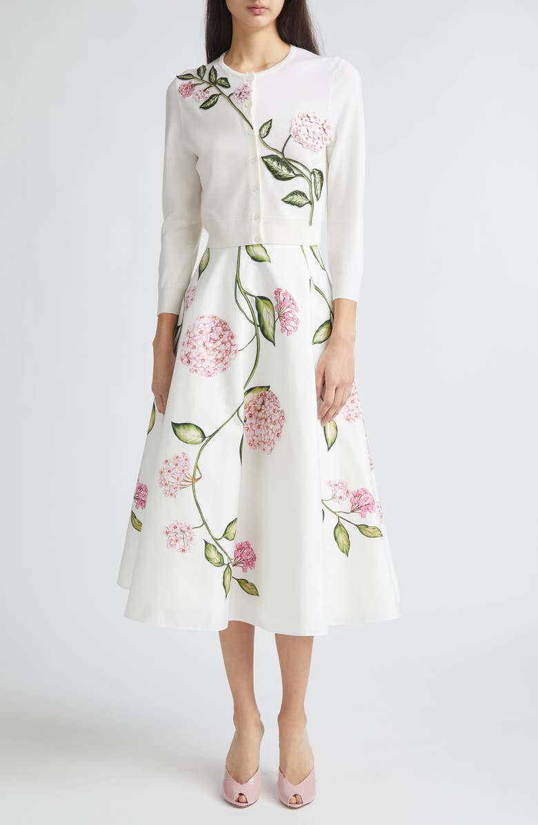 Oscar de la Renta Porcelain Flowers Stretch Cotton Poplin A-Line Midi Skirt, Alternate, color, Pink/ White