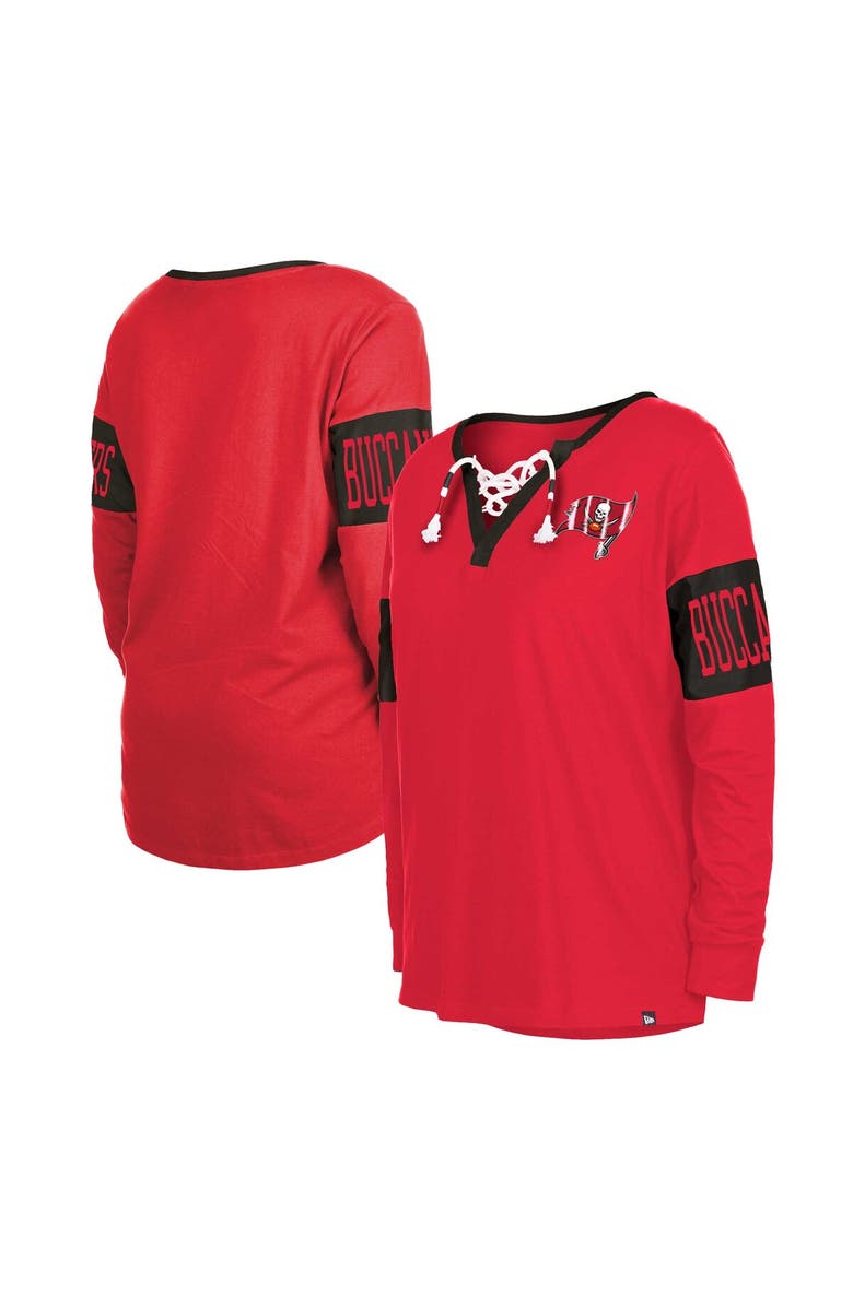New Era Women's New Era Red Tampa Bay Buccaneers Lace-Up Notch Neck Long Sleeve T-Shirt, Alternate, color, Red