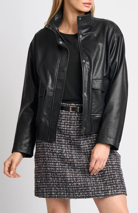 High Neck Faux Leather Bomber Jacket