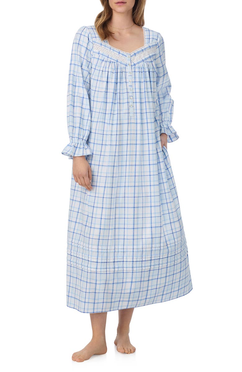 Eileen West Long Sleeve Cotton Flannel Ballet Nightgown, Alternate, color, Blue/ Plaid