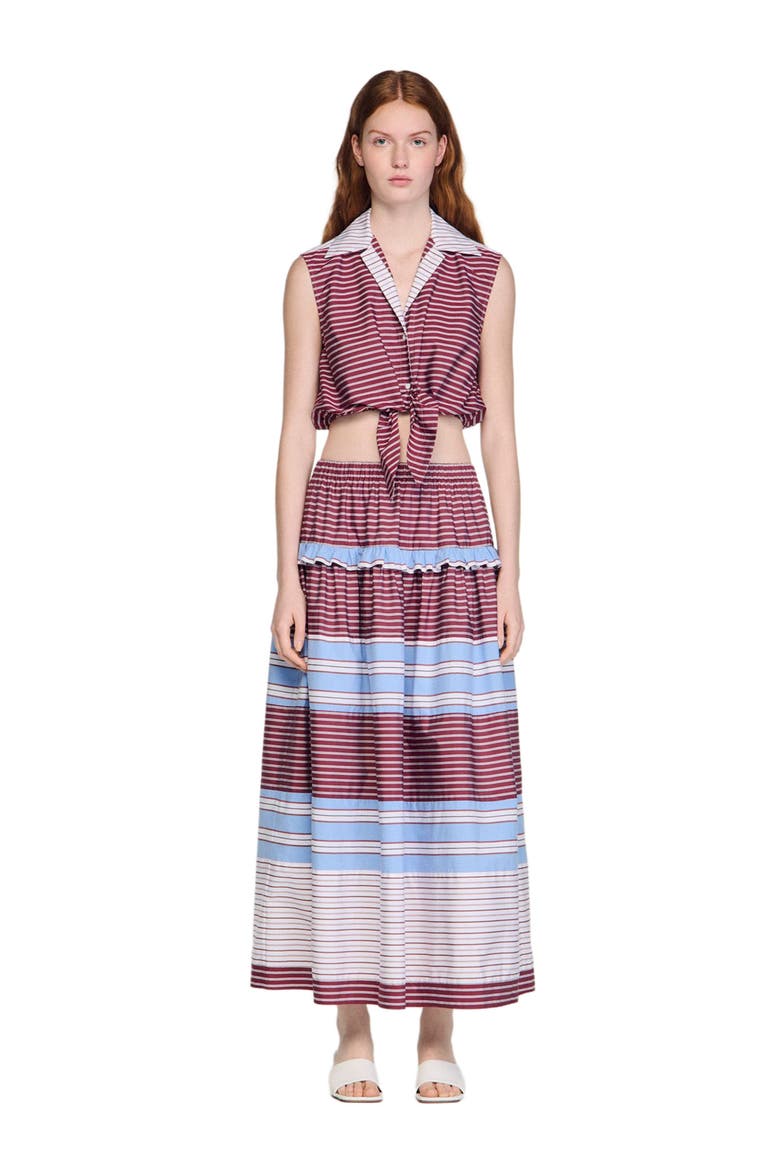 Cropped striped cotton shirt, Main, color, Burgundy / white