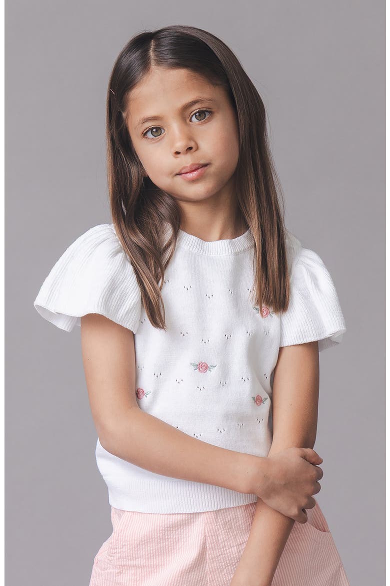 Kids' Organic Ruffle Sleeve Pointelle Sweater, Alternate, color, White Pointelle w/ Embroidery