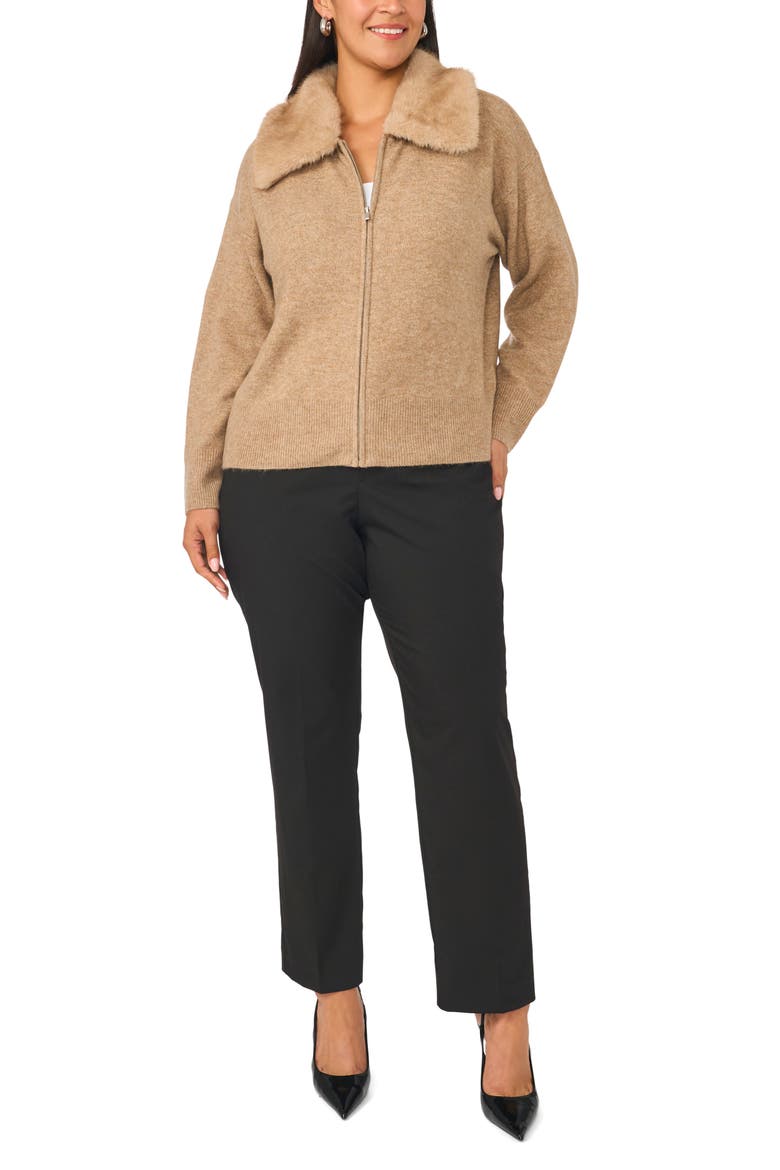 Faux Fur Collar Zip Cardigan, Alternate, color, TAUPE