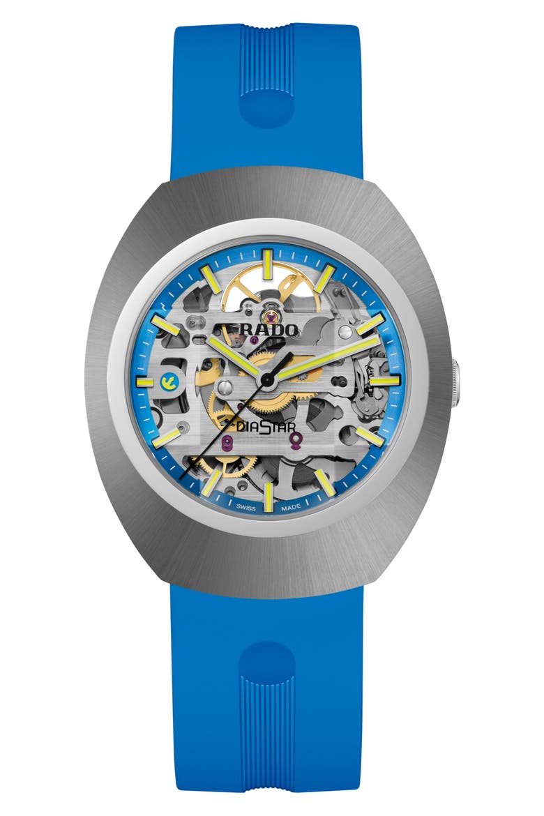 DiaStar Original Automatic Skeleton Rubber Strap Watch, 38mm, Main, color, BLUE ANNULAR SKELETON