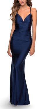 La Femme Form Fitting Jersey Dress with Ruching and Strappy Back