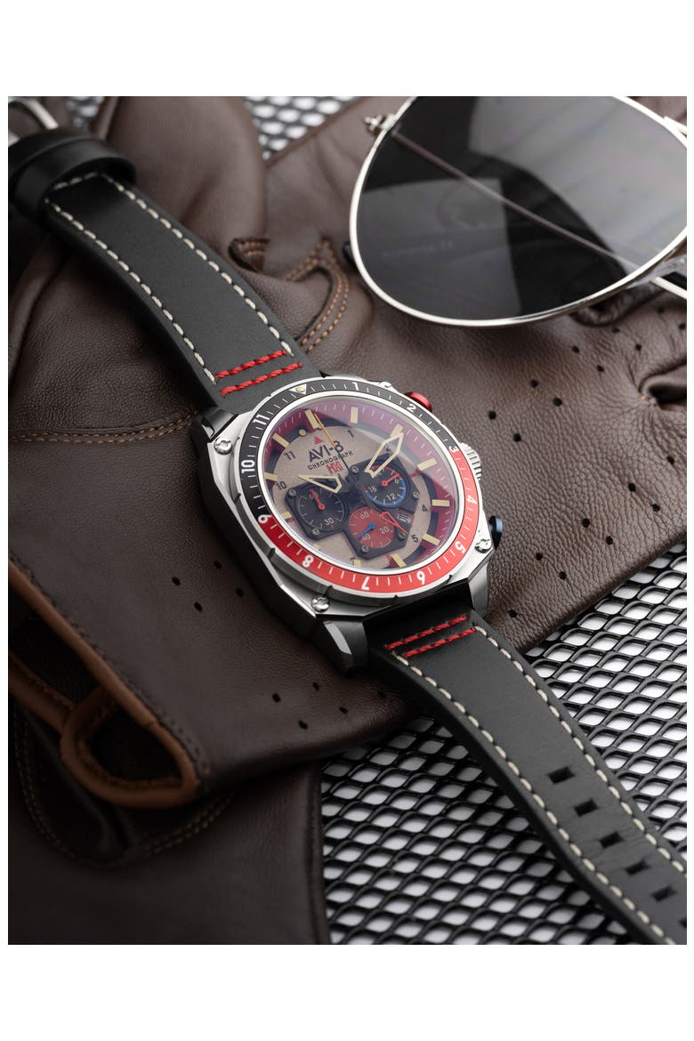 Hawker Hunter Atlas Hazard Red Dual Time Chronograph Leather Strap Watch, 43mm, Alternate, color, GREY
