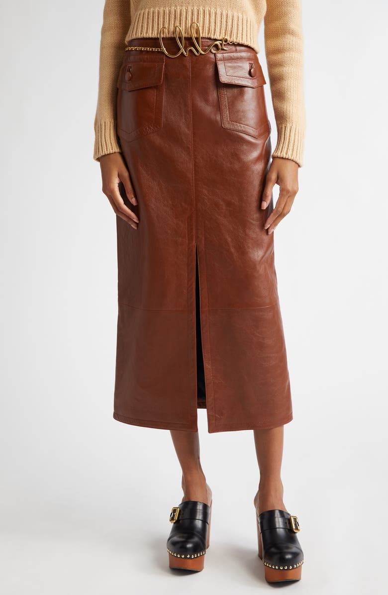 Chloé Front Slit Leather Midi Skirt, Main, color, 