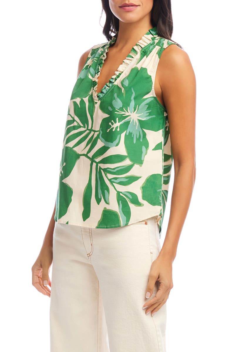 Karen Kane Floral Ruffle Sleeveless Cotton Top, Alternate, color, Green Floral Print