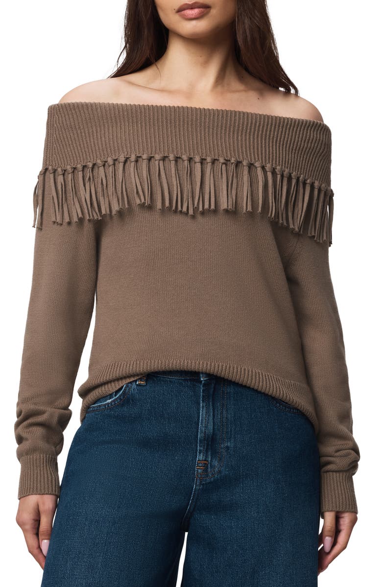 Splendid Simone Fringe Off the Shoulder Sweater, Main, color, Cedar Brown
