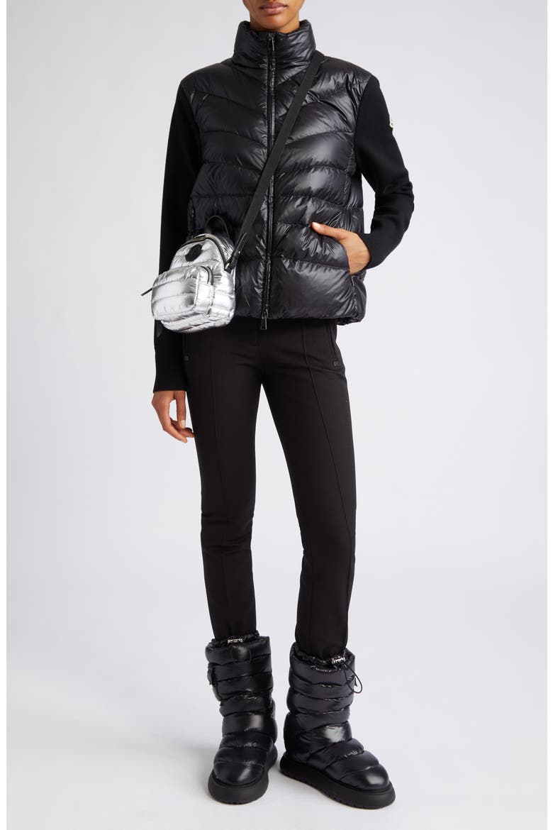 Quilted Nylon & Wool Knit Cardigan, Alternate, color, BLACK
