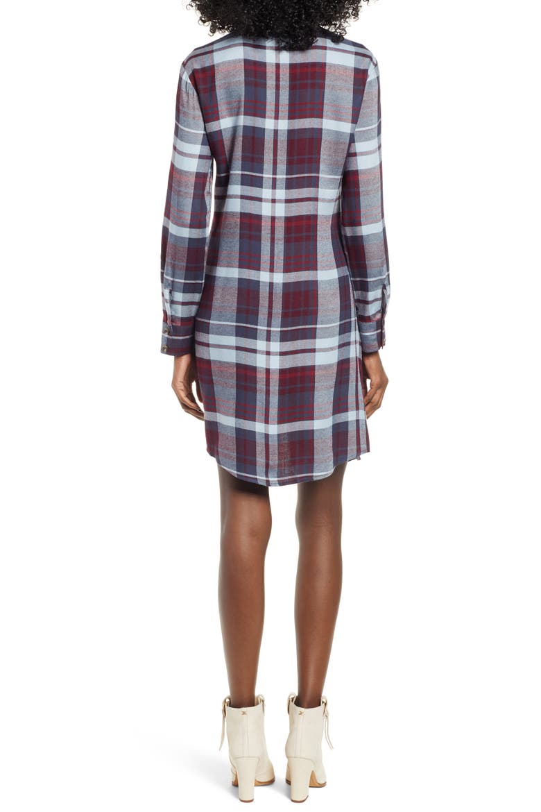 Plaid Tie Waist Shirtdress, Alternate, color, WINE/ BLUE