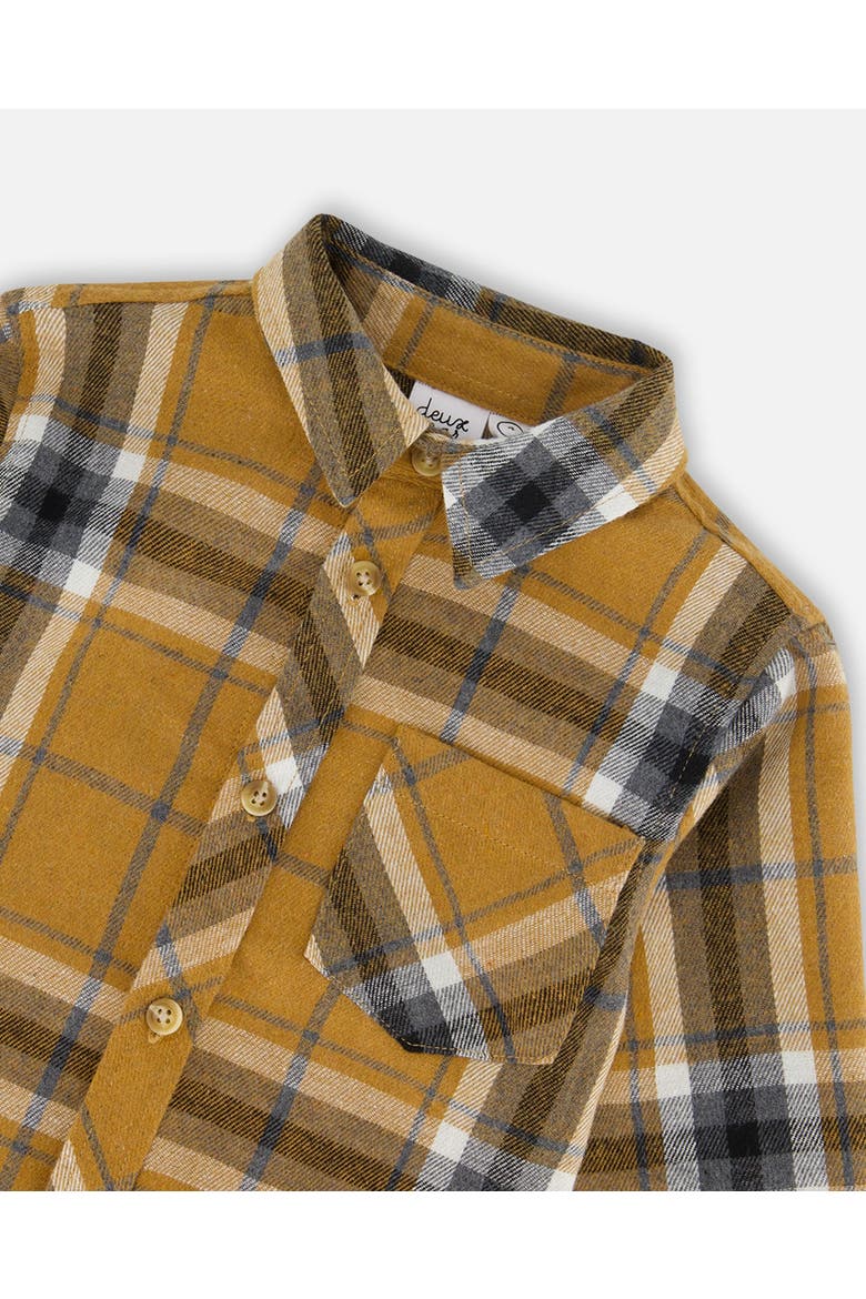 Little Boy's Button Down Flannel Shirt With Pocket Plaid Golden Yellow And Gray, Alternate, color, Plaid Gold & Grey