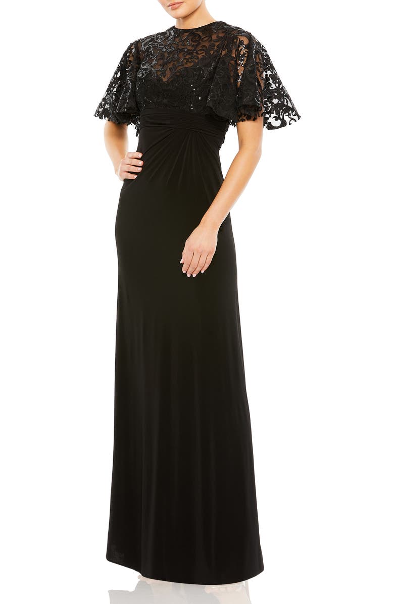 Mac Duggal Embellished Butterfly Cape Sleeve Jersey Gown, Main, color, Black