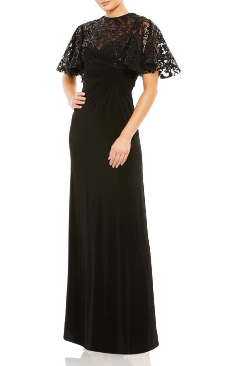 Embellished Butterfly Cape Sleeve Jersey Gown