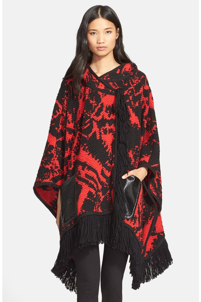 Fringe Trim Knit Hooded Poncho, Alternate, color, MAASIAI RED/ BLACK