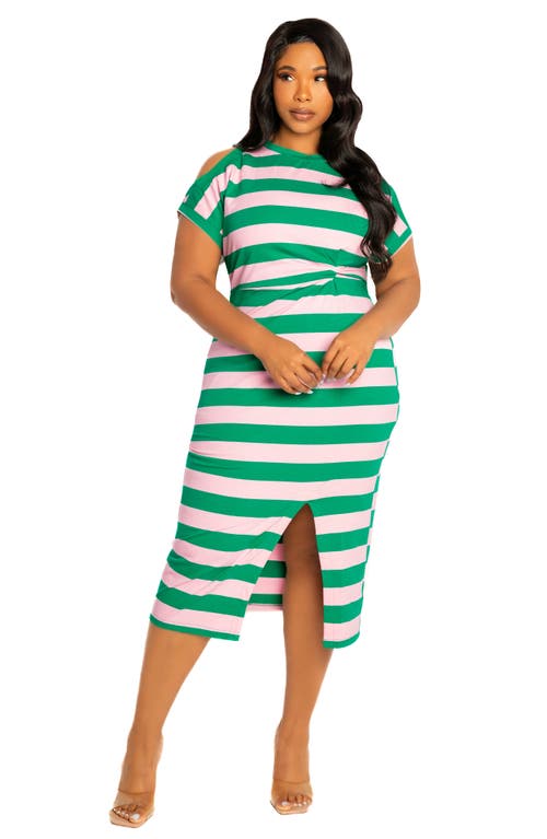 Buxom Couture Stripe Cold Shoulder Gathered Waist Jersey Midi Dress In Green