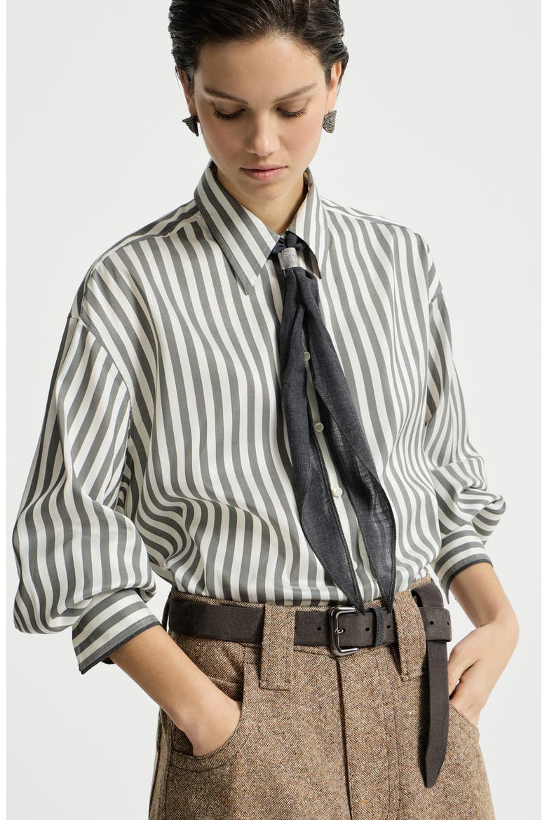 Striped silk poplin shirt with virgin wool foulard, Alternate, color, Green