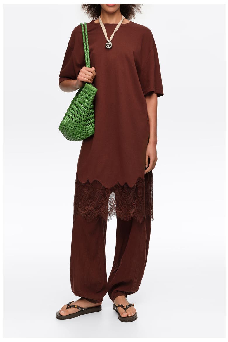 Short Lace T-Shirt Dress, Alternate, color, BROWN