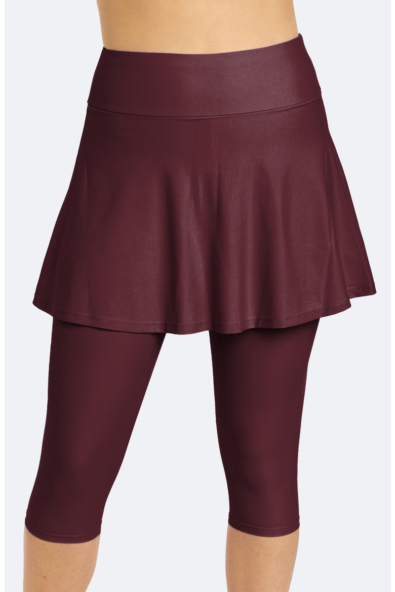 Flared Swim Skort With Capri Leggings, Main, color, Wine