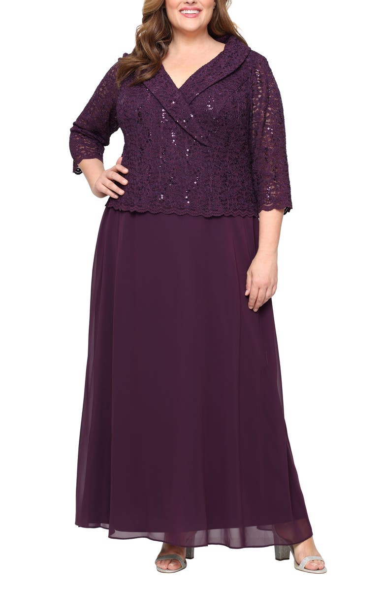 Alex Evenings Sequin Lace & Chiffon Cocktail Dress, Main, color, Deep Plum