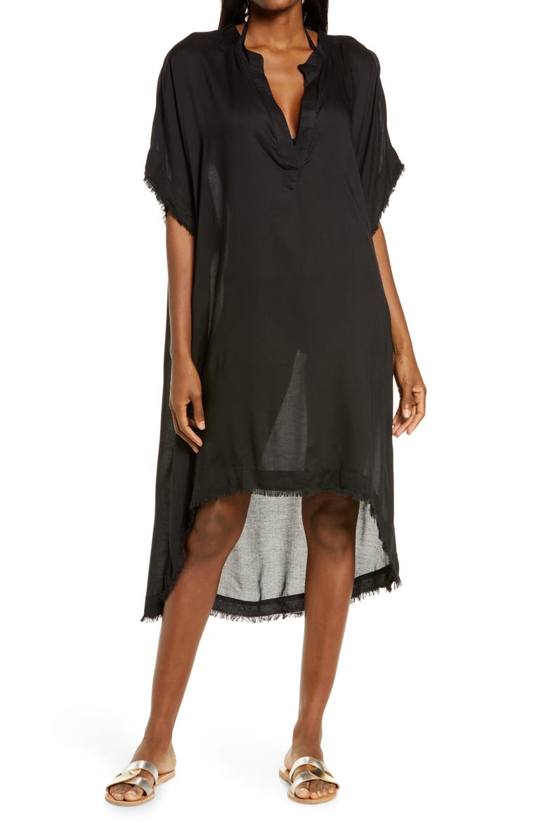 Fray Edge Cover-Up Caftan, Main, color, BLACK