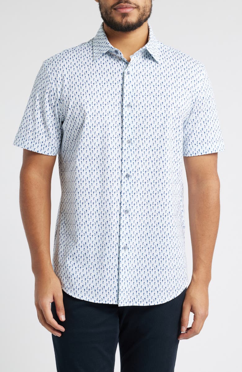 Bugatchi Miles OoohCotton<sup>®</sup> Golfer Print Short Sleeve Button-Up Shirt, Main, color, Ice