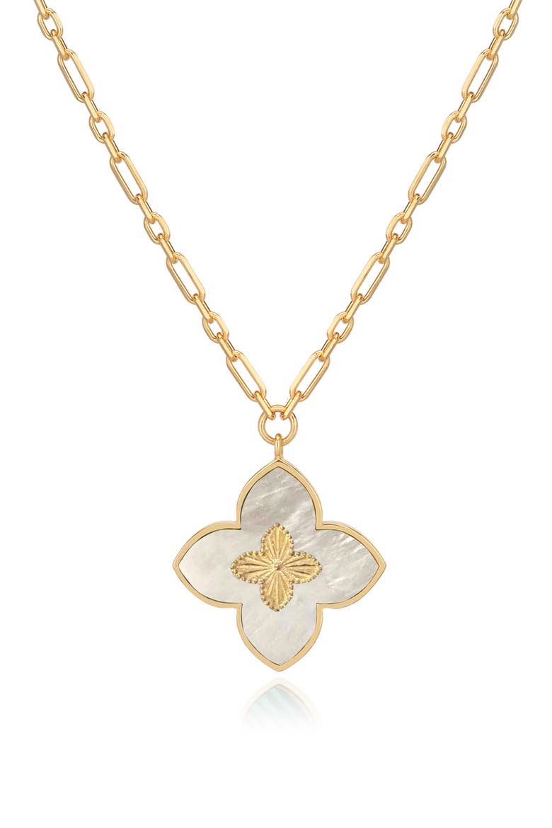 Rise Above the Crowd Collection 14K Yellow Gold Plated Sterling Silver Mother of Pearl Inlay Clover Pendant Necklace, Main, color, GOLD