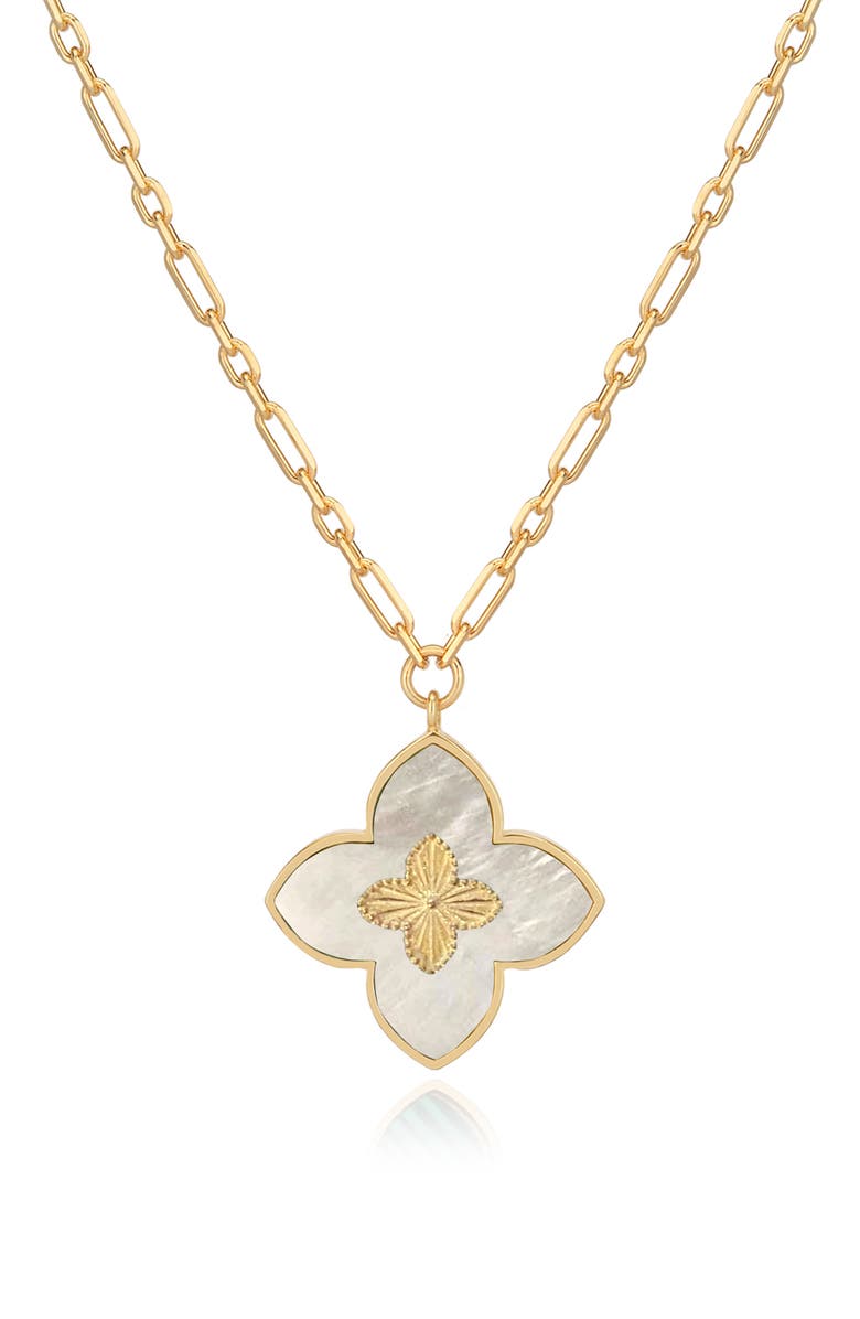 GABI RIELLE Rise Above the Crowd Collection 14K Yellow Gold Plated Sterling Silver Mother of Pearl Inlay Clover Pendant Necklace, Main, color, 