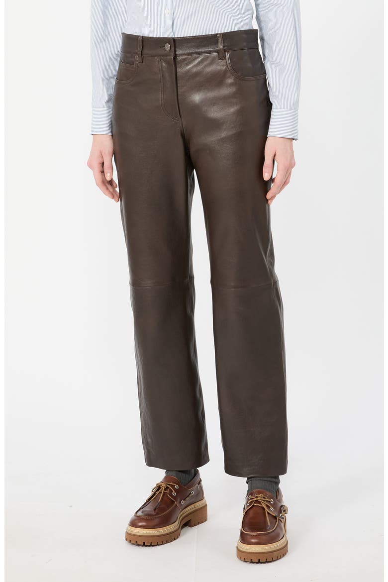 Leather Straight Leg Pants, Main, color, DARK BROWN