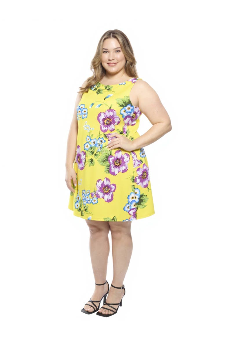 Plus Size Yellow Floral Round Neck Sleeveless A-Line Mini Shift Dress, Alternate, color, Yellow Multi