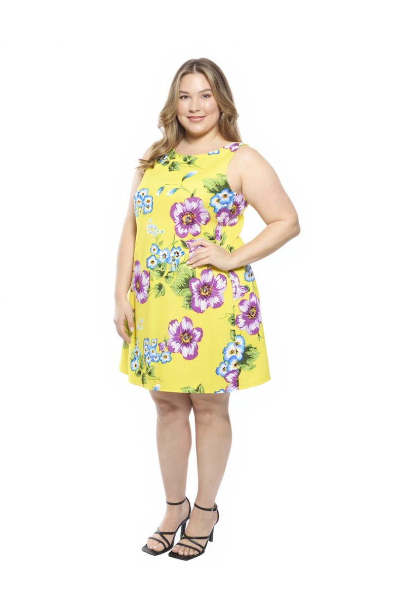 24seven Comfort Apparel Plus Size Yellow Floral Round Neck Sleeveless A-Line Mini Shift Dress, Alternate, color, Yellow Multi