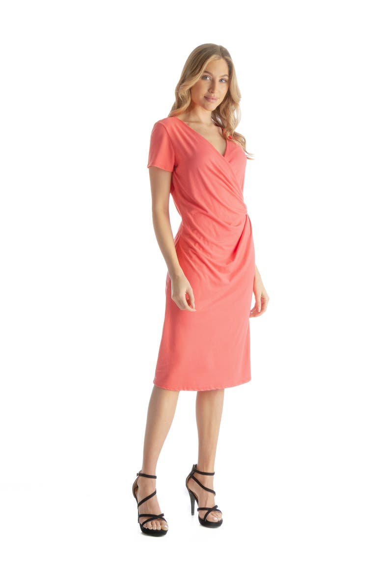 Short Sleeve Knee Length Faux Wrap Dress, Alternate, color, Coral