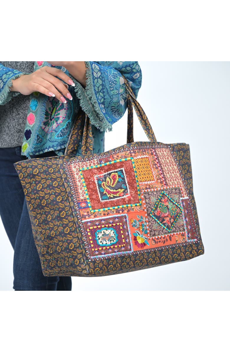 Vismaya Folklore Garden Patchwork Tote Bag, Main, color, Black