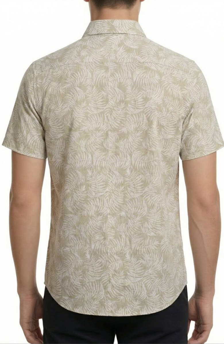 Report Collection Palm Leaf Print Short Sleeve Linen & Cotton Blend Button-Up Shirt, Alternate, color, Moss