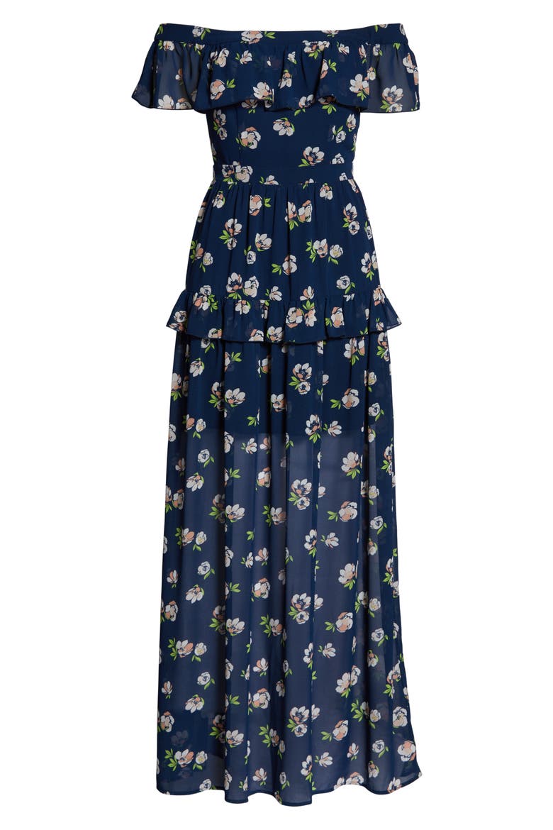 Off the Shoulder Ruffle Maxi Dress, Alternate, color, NAVY PEACH FLORAL