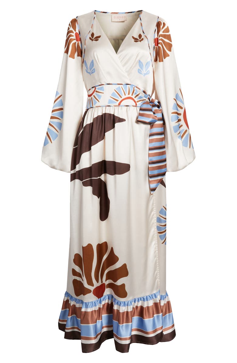 CIEBON Willow Print Long Sleeve Satin Maxi Dress, Alternate, color, Brown Multi 2