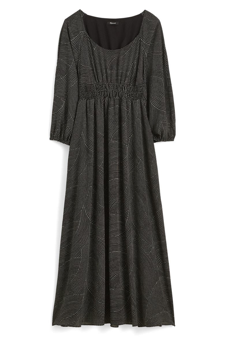 Geo Dot Print Balloon Sleeve Georgette Midi Dress, Alternate, color, PINDOT ARCHES TRUE BLACK