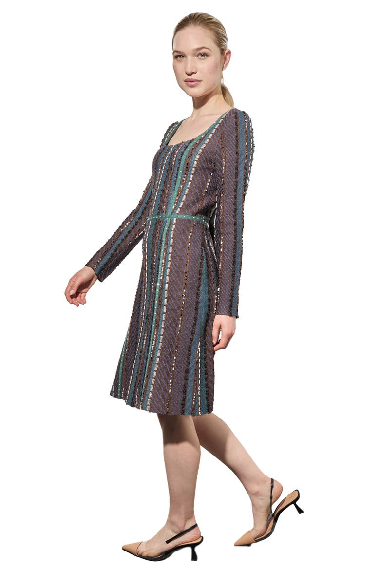 Multistitch Fringe Trim Long Sleeve Knit A-Line Dress, Alternate, color, FOREST MULTI