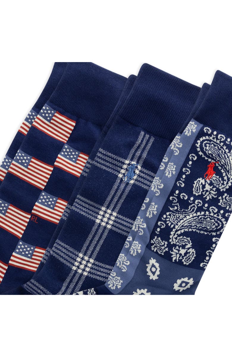 Polo Ralph Lauren Shirting Pattern Assorted 3-Pack Crew Socks, Alternate, color, Navy