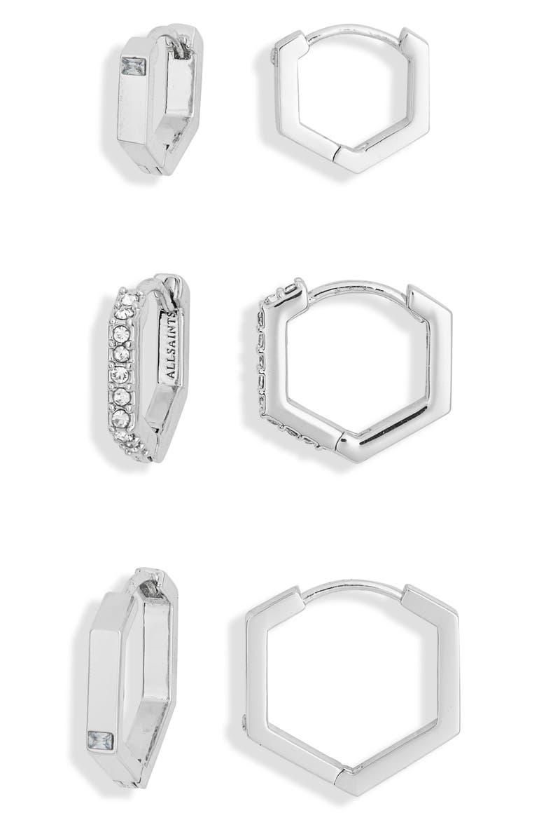 Set of 3 Crystal Hexagonal Hoop Earrings, Alternate, color, RHODIUM