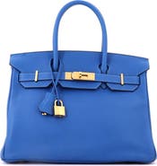 Pre-Owned Hermes Birkin Handbag Blue Clemence with Gold Hardware 30
