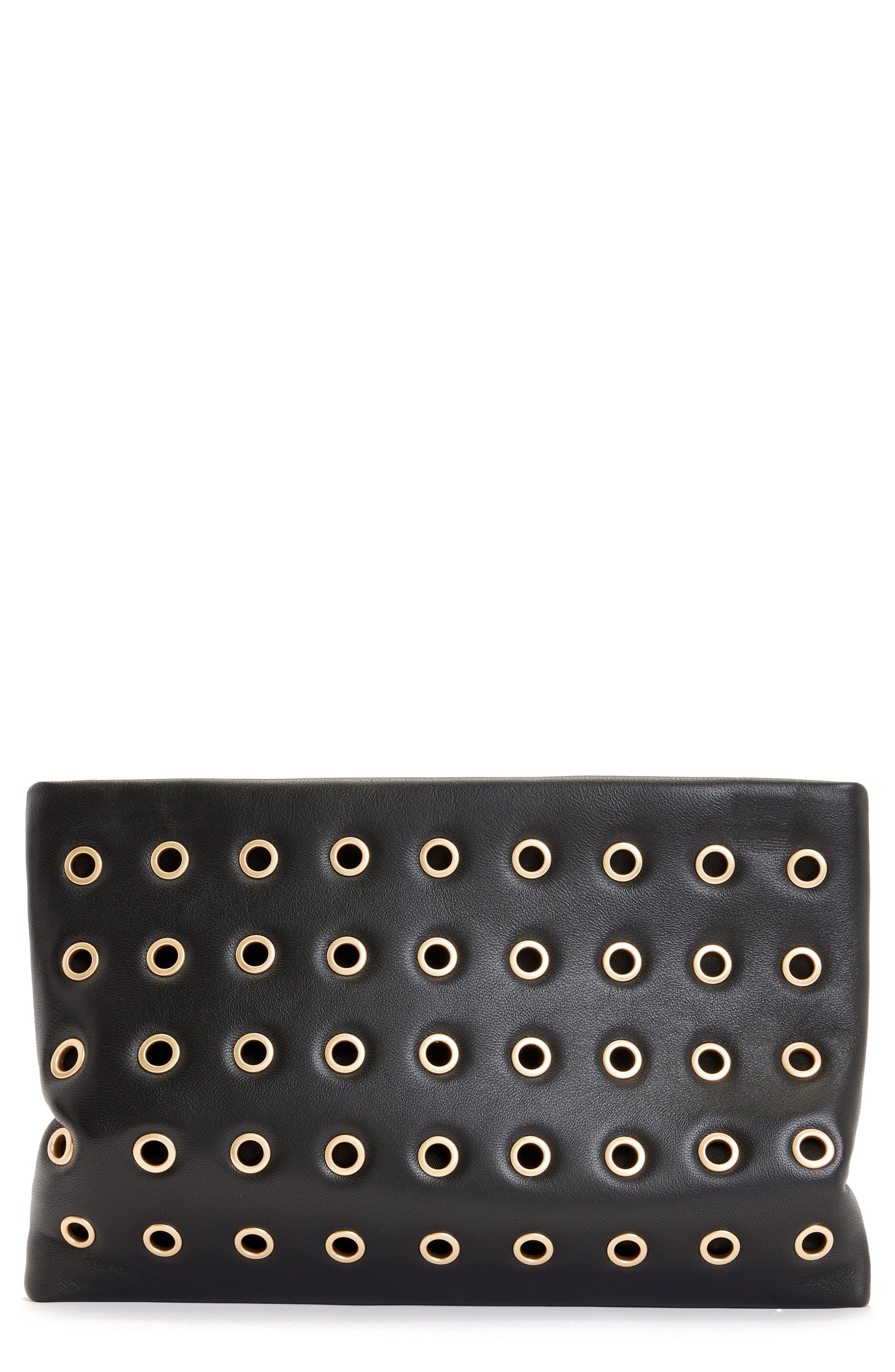 Bettina Eyelet Leather Clutch, Main, color, BLACK