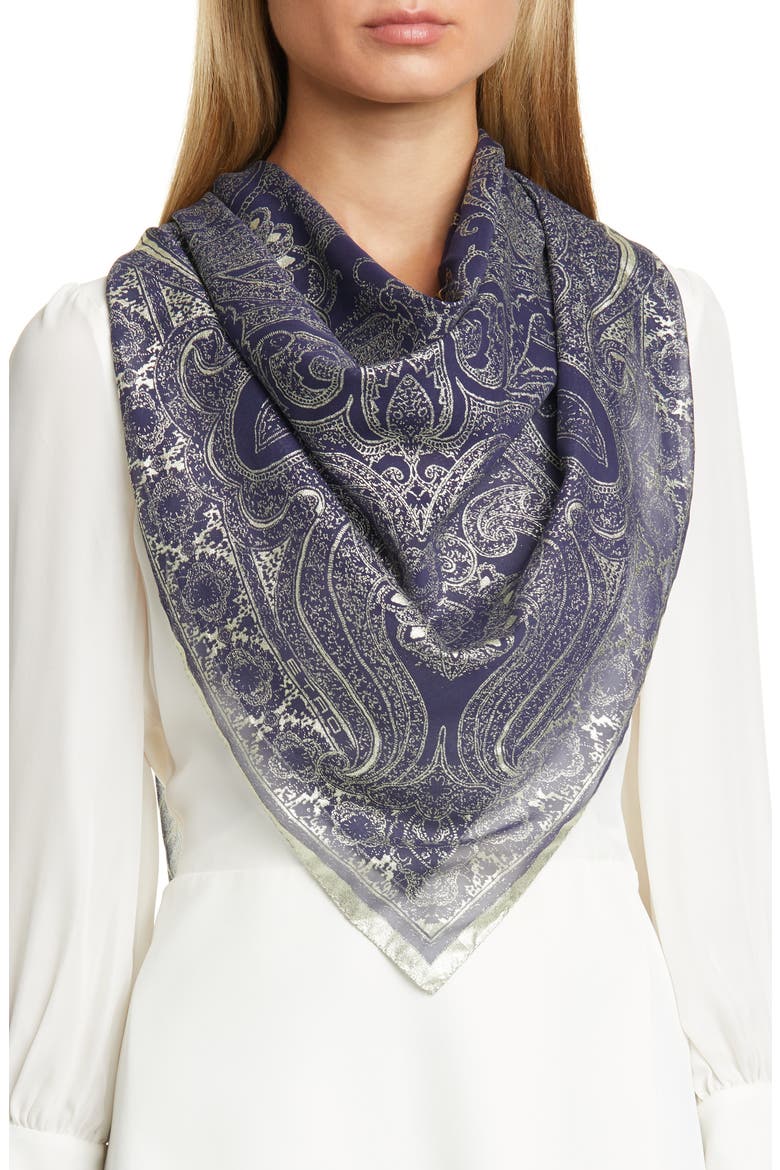 Bombay Metallic Paisley Silk Scarf, Alternate, color, NAVY