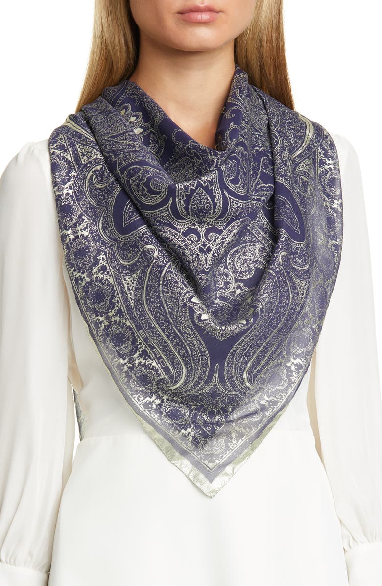 Etro Bombay Metallic Paisley Silk Scarf, Alternate, color, 