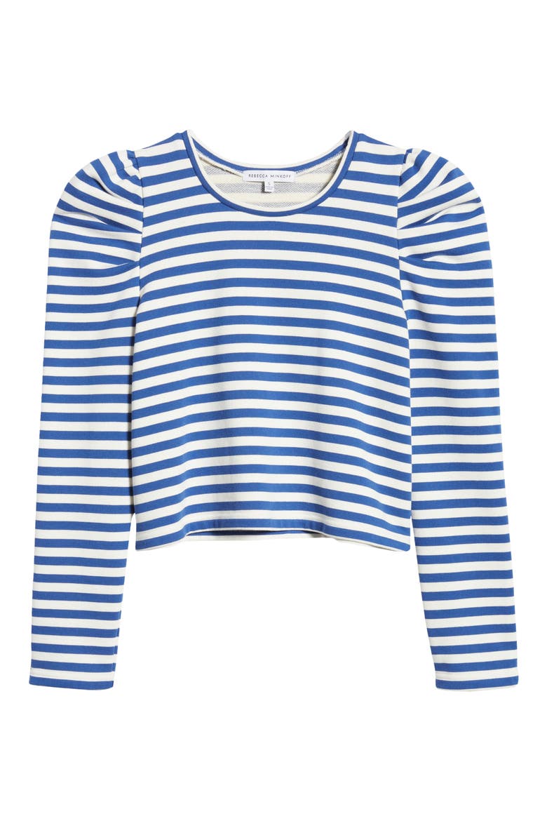 Talia Stripe Crop Puff Sleeve Cotton Sweatshirt, Alternate, color, FRENCH BLUE/ ECRU STRIPE