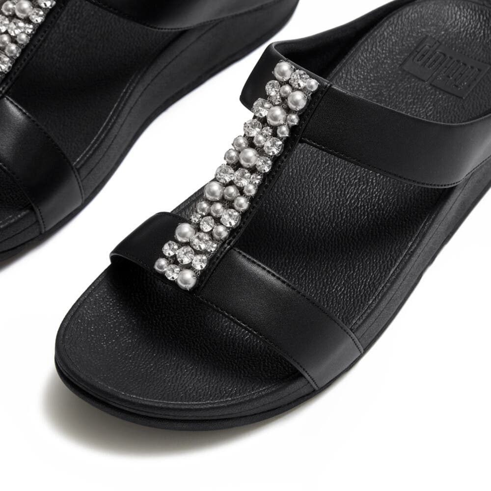 FitFlop Fino Pearls and Crystal H Bar Slides, Alternate, color, Black