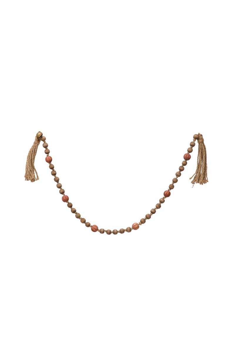 Paulownia Wood Bead Garland with Jingle Bells and Jute Tassels, Multicolor, Main, color, Natural
