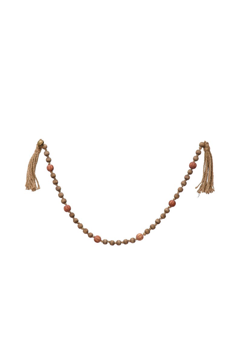 Storied Home Paulownia Wood Bead Garland with Jingle Bells and Jute Tassels, Multicolor, Main, color, Natural