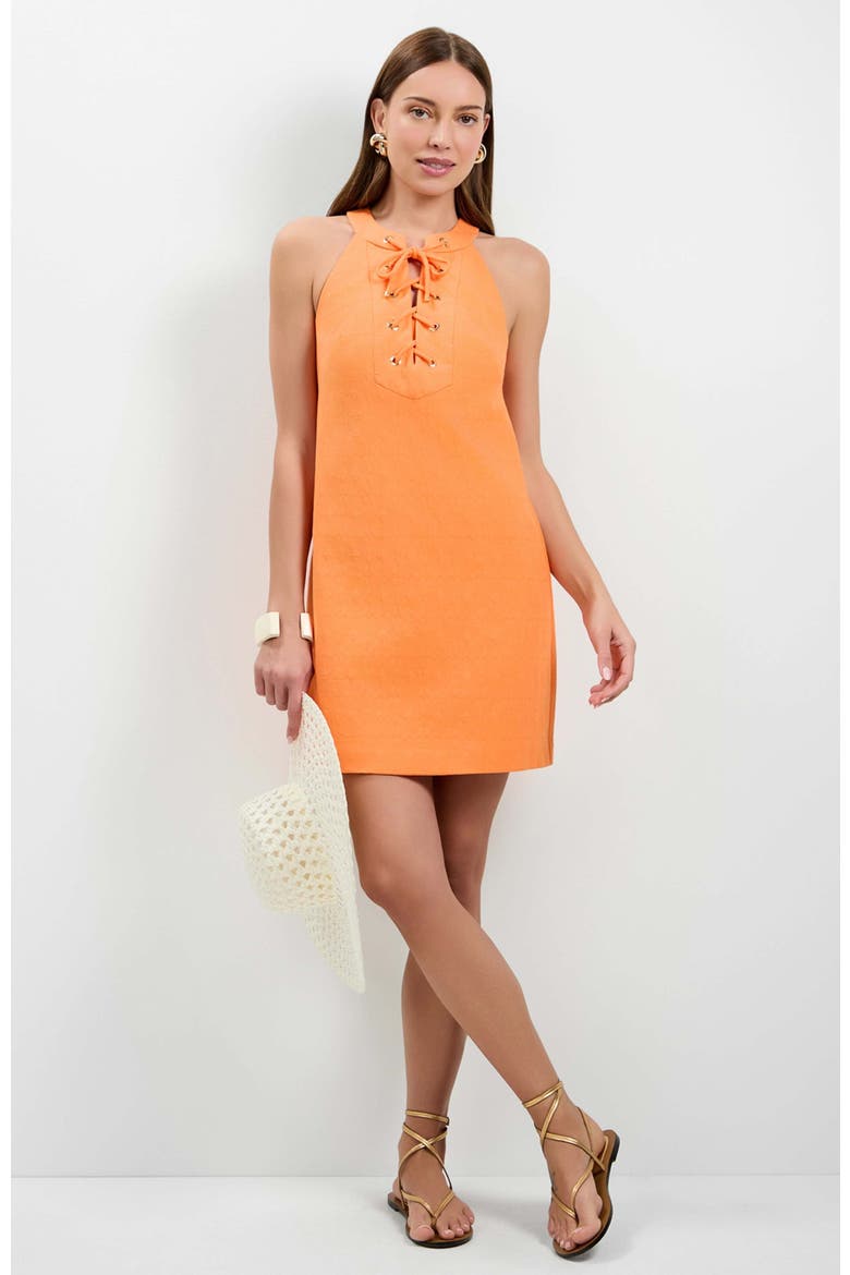 women lace up dress PrettyLittleThing Women's PLT Label Tailored Band Collar Lace Up A-line Dress in Almond